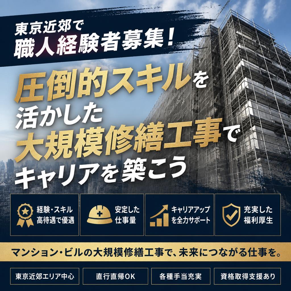 東京近郊で職人経験者募集！圧倒的スキルを活かした大規模修繕工事でキャリアを築こう
