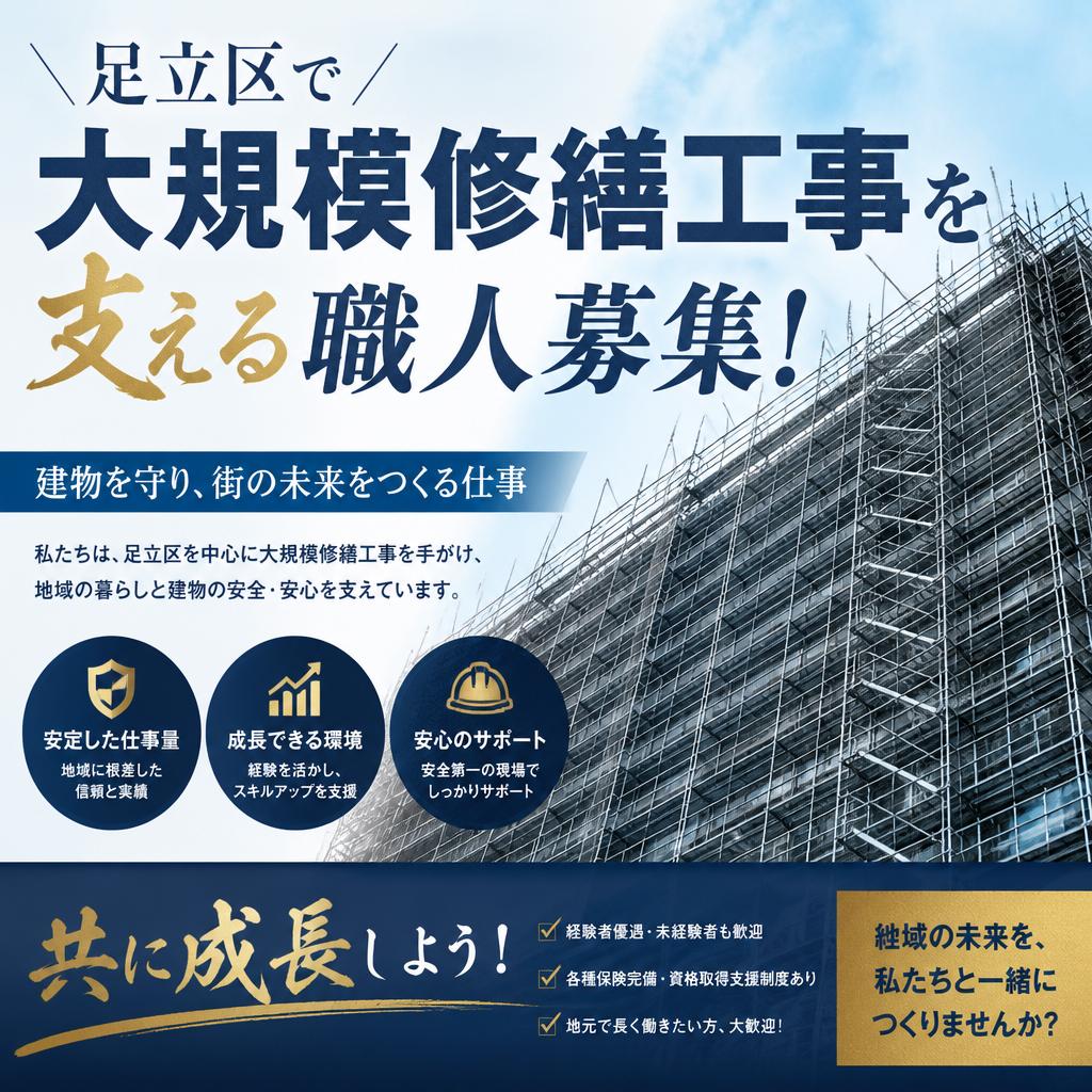 足立区で大規模修繕工事を支える職人募集！共に成長しよう！