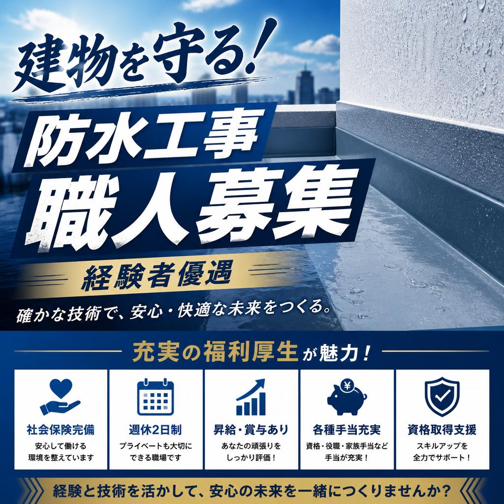 建物を守る！経験者優遇の防水工事職人募集、充実の福利厚生が魅力！